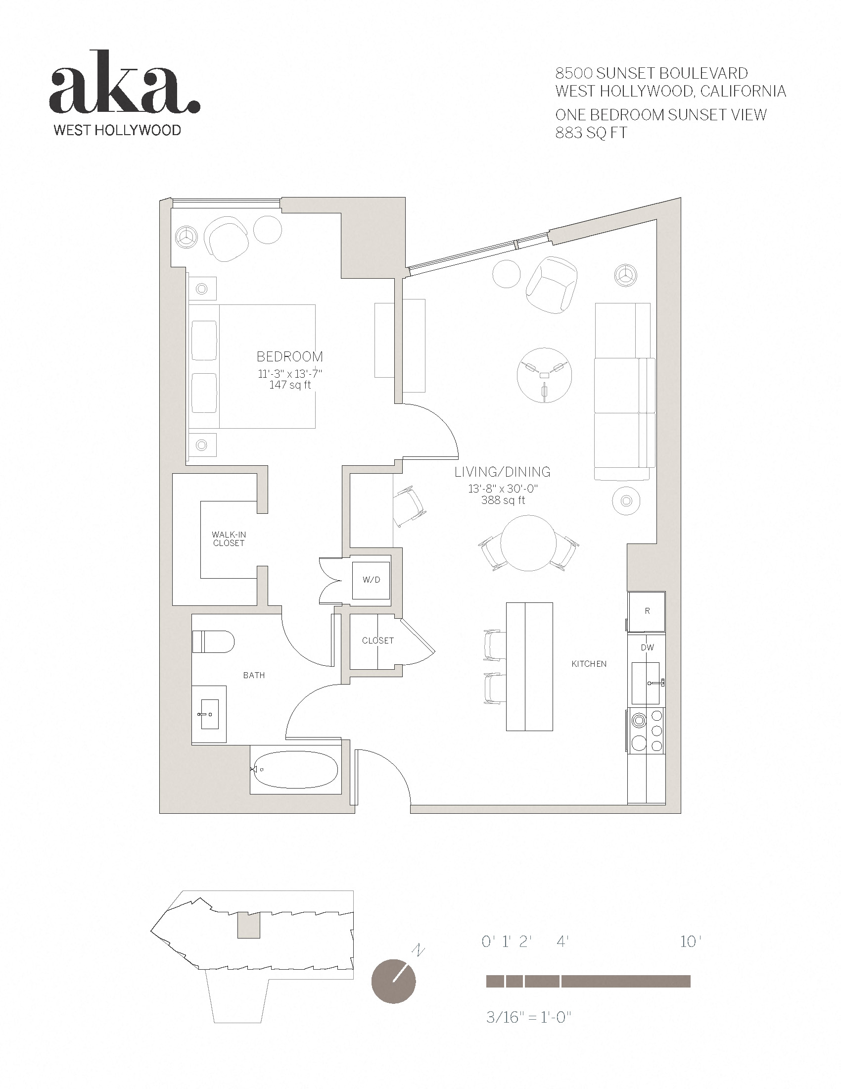 Floor plan for 1 bed, 1 bath, 875 sqft